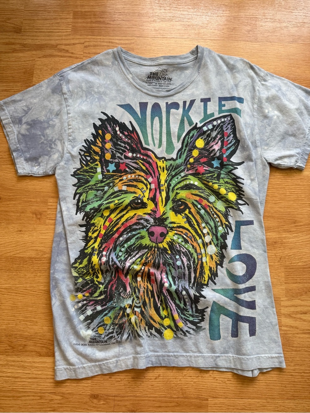 The Mountain Yorkie Love Graphic Tee - Blue Tie dye with Multicolor Yorkie Print